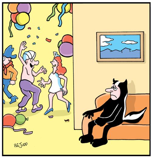 Man sitting on his own at a costume party dressed as a skunk.