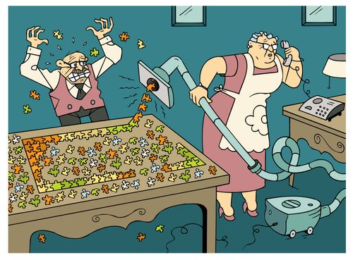 Lady ruining the jigsaw puzzle of her husband with her vacuum cleaner.