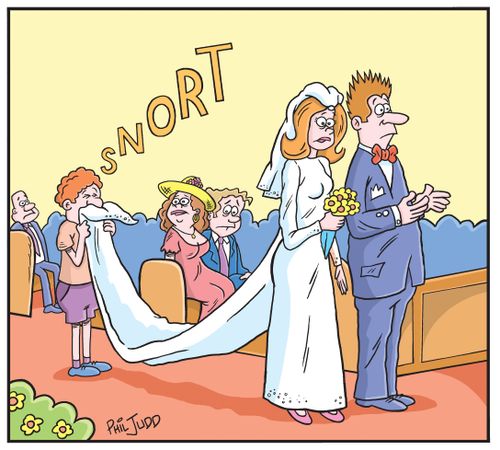 Page boy blowing his nose on the Brides Train Veil.