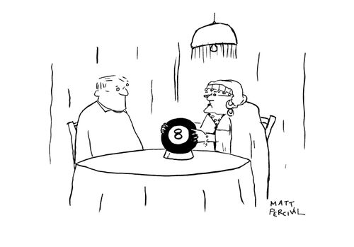 Gypsy fortune teller consults a magic eight ball for a male customer.