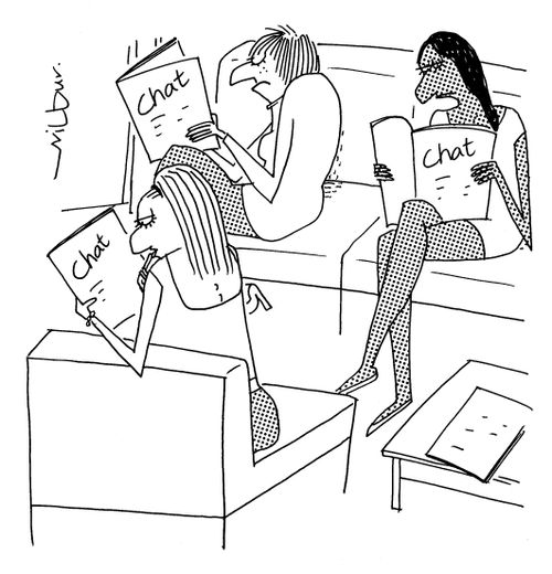 Women reading 'Chat' magazine instead of talking.