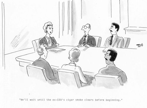 'We'll wait until the ex-ceo's cigar smoke clears before beginning.'