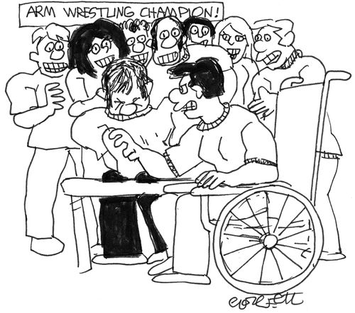 Arm wrestling champion. (man in wheelchair).