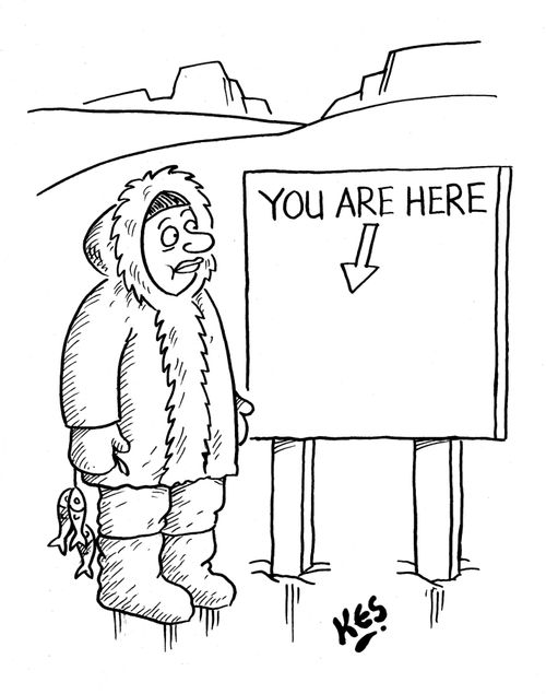 Eskimo near 'You are here' sign.
