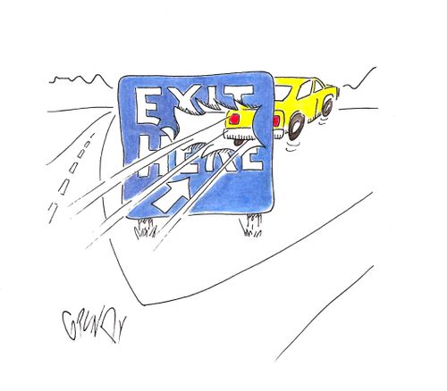 Car leaving highway crashes through 'EXIT HERE' sign.