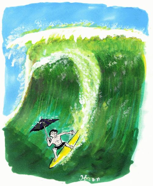 Surfer holds an umbrella to keep dry.