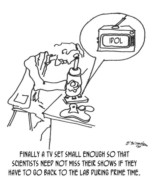 Finally a TV set small enough so that scientists need not miss their shows if they have to go back to the lab during prime time.