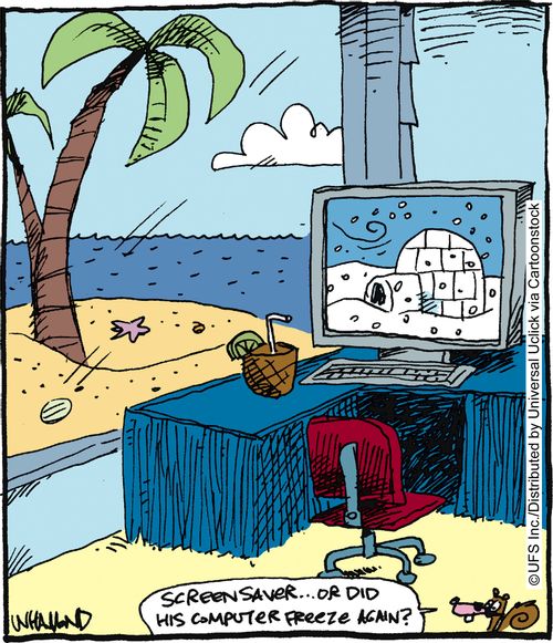 'Screen saver. . . or did his computer freeze again?'