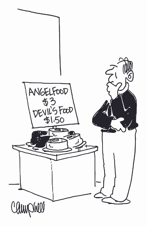 Priest tries to decide between $3 angelfood cake and $1.50 devil's food cake.