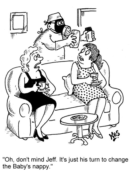 'Oh, don't mind Jeff. It's just his turn to change the Baby's nappy.'