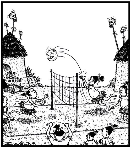 Cannibal/Headhunter playing volleyball with a head.