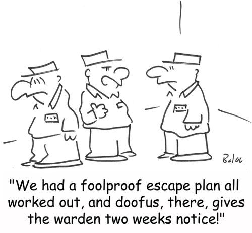'We had a foolproof escape plan all worked out, and doofus, there, gives the warden two weeks notice!'