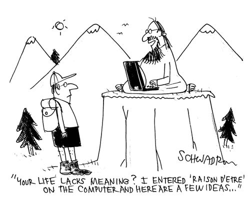 'Your life lacks meaning I entered 'raison d'etre' on the computer and here are a few ideas...'