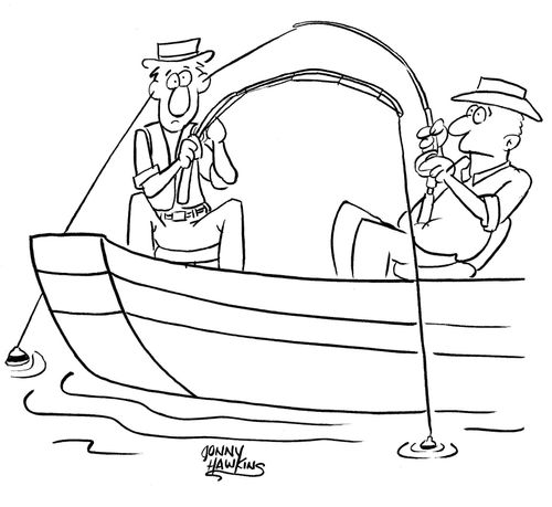 One man's fishing line passes through other man's ear.