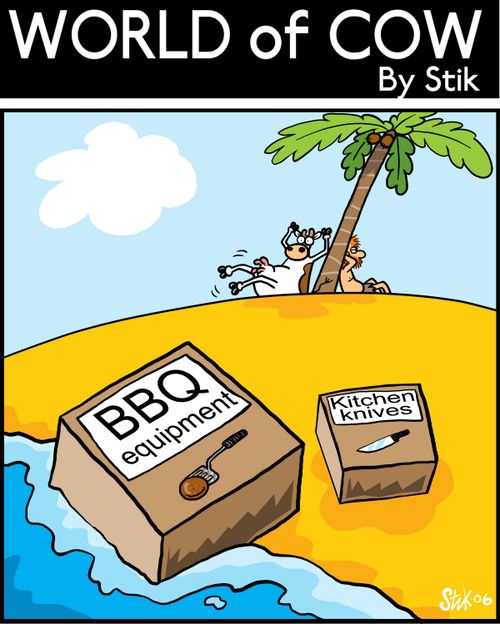 BBQ equipment arriving on a desert island with a cow and man sunbathing.