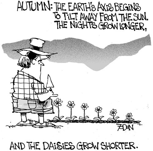 Autumn: The Earth's axis begins to tilt away from the sun. The nights grow longer and the daisies grow shorter.