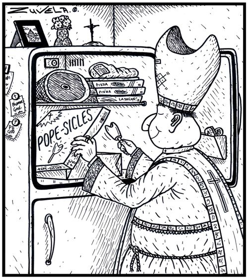 The Pope getting a Popsicle for Popes from the Freezer