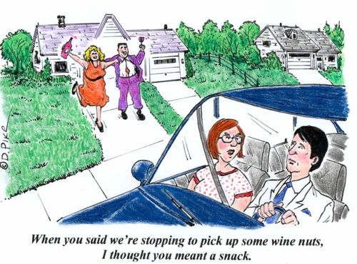 'When you said we're stopping to pick up some wine nuts, I thought you meant a snack.'
