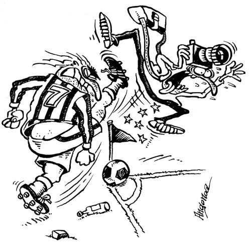 Footballer kicking a photographer on a corner.