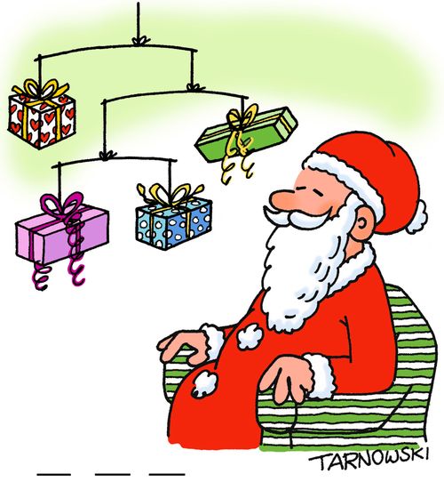 Santa with a mobile made from presents.