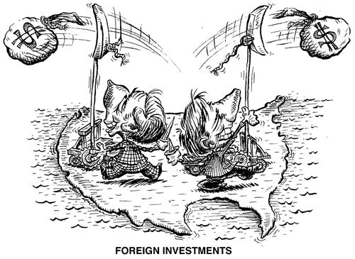 'Foreign Investments' Men catapulting money out of North America.