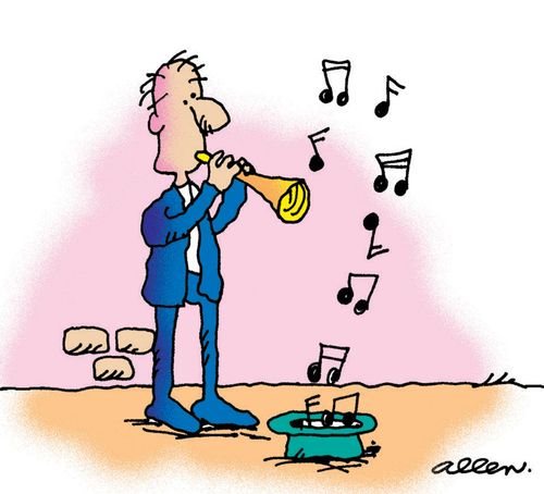 Street musician and music notes falling into hat on ground.
