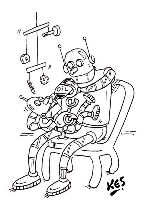 Robot feeds baby robot oil.