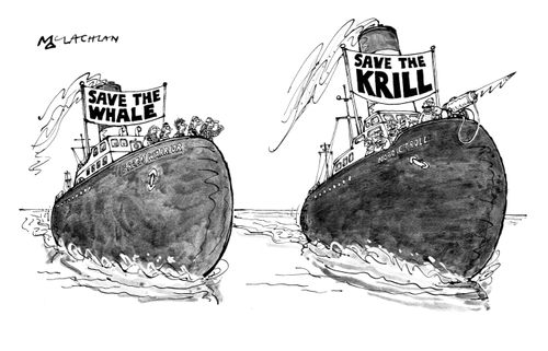 Whaling boat with banner 'Save the krill'.