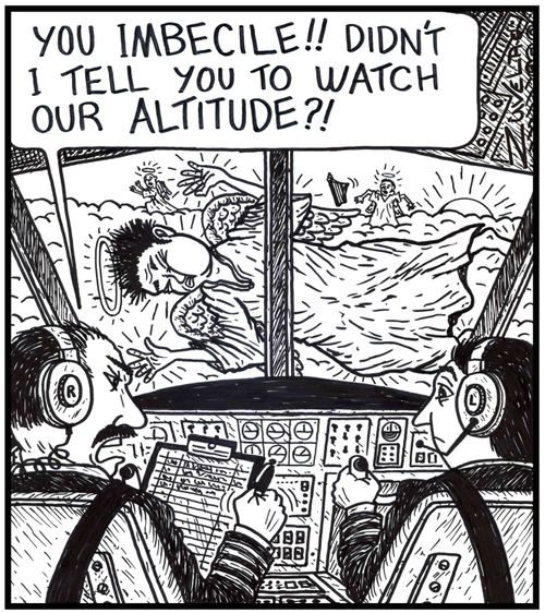 'You imbecile!! Didn't i tell you to watch our altitude?! / A co-pilot accidentally flies too high ending up in heaven and smacking into an angel