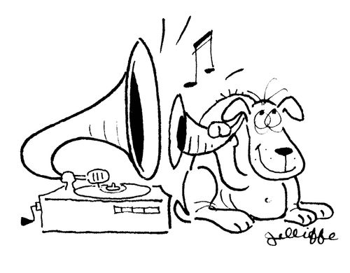 Dog with an ear trumpet listening to the gramaphone.