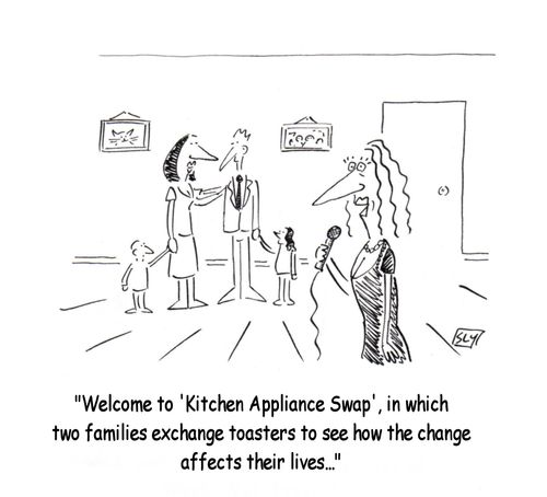 "Welcome to 'kitchen appliance swap', in which two families exchange toasters to see how the change affects their lives..."