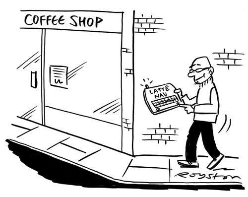 Man outside a coffee shop uses a 'Latte Nav'.