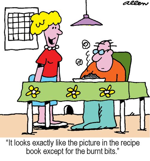 'It looks exactly like the picture in the recipe book except for the burnt bits.'
