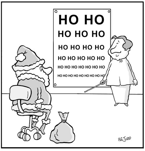 Santa Claus doing eyetest. The chart has 'HO HO' on  it instead of letters.
