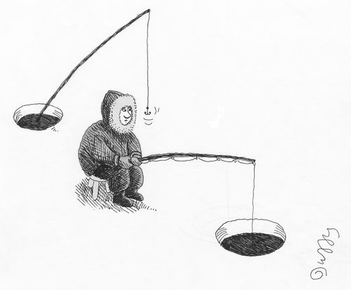 Eskimo fisherman gets hooked.