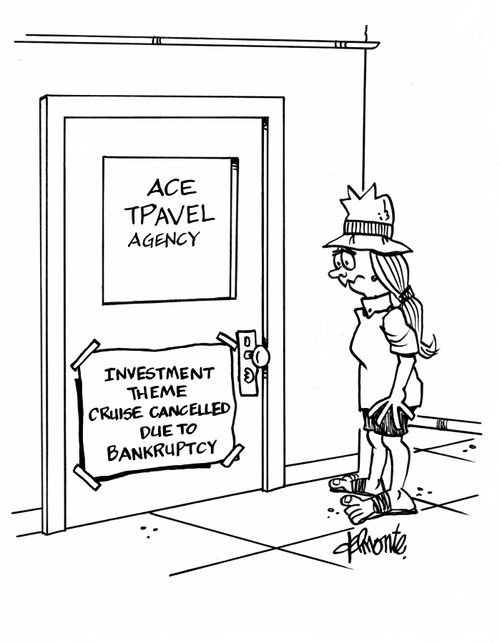 Woman at Ace Travel Agency, sees sign on door - Investment Theme Cruise Cancelled Due To Bankruptcy.