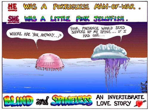 He was a Portuguese Man of War...She was a little pink jelly fish. An invertebrate love story.