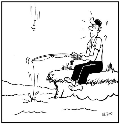 Man with fishing line going into water. Fishing line coming down from sky.