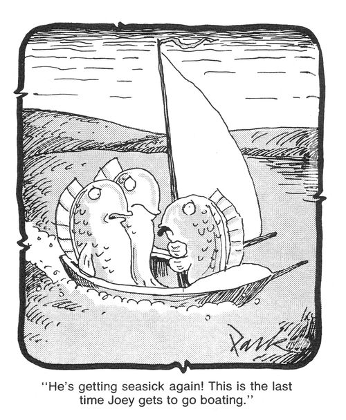 'He's getting seasick again! This is the last time Joey gets to go boating.'