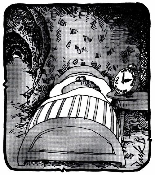 Bear hibernating with seasonal alarm-clock next to bed.