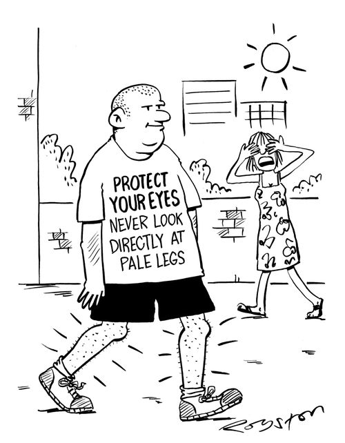 Man's T-shirt says: 'PROTECT YOUR EYES: Never look directly at pale legs,'