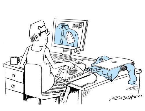 Man irons shirt in a scanner using computer peripheral on a mouse pad