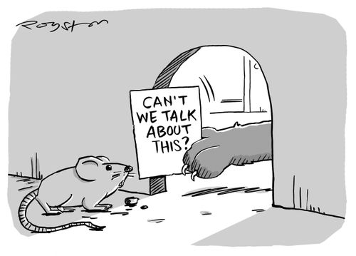 Cat thrusts note through mousehole that reads 'Can't we talk about this?'