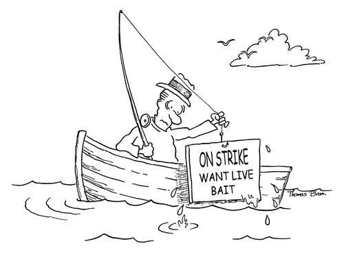FIsherman pulls up sign:  On strike want live bait