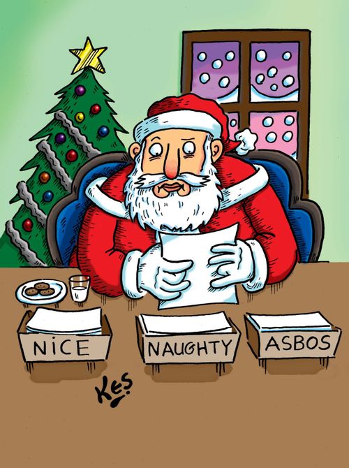 Santa sits at workboxes, entitled: 'Nice', 'Naughty', and 'Asbos'.