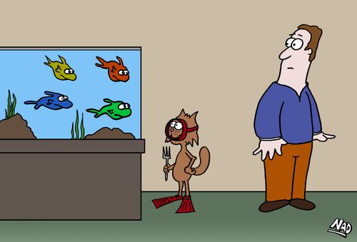A cat is stalking the fish tank with goggles on and fork in its hand.