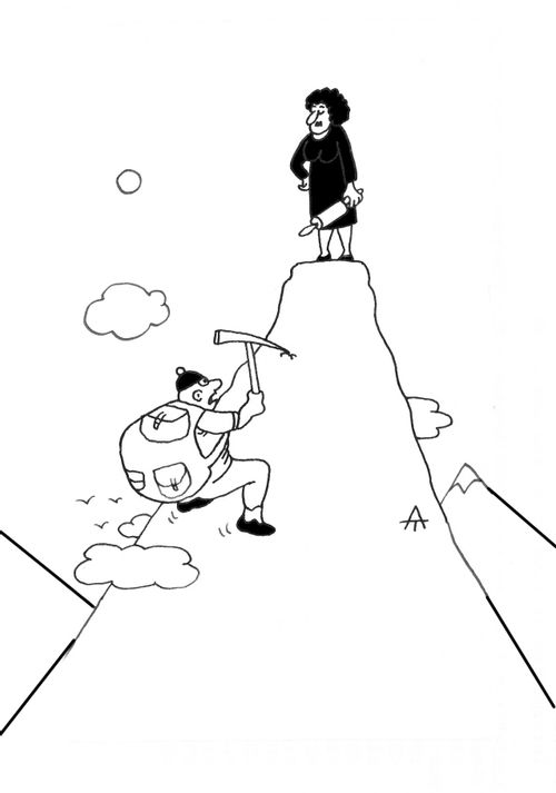 Man climbing up a mounting for a wifely scolding.