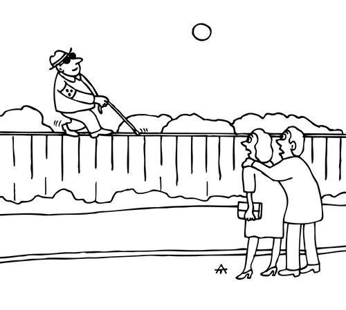 Blind man walking along the top of a fence.