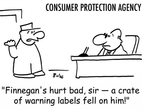 'Finnegan's hurt bad, sir -- a crate of warning labels fell on him!'