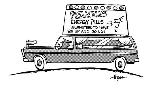 Hearse with an advert for 'Feelwell's Energy Pills.'